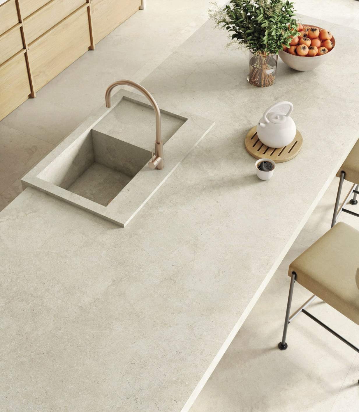 Ambiente con porcelánico Arklam Salma Bone, foto del catálogo de Arklam