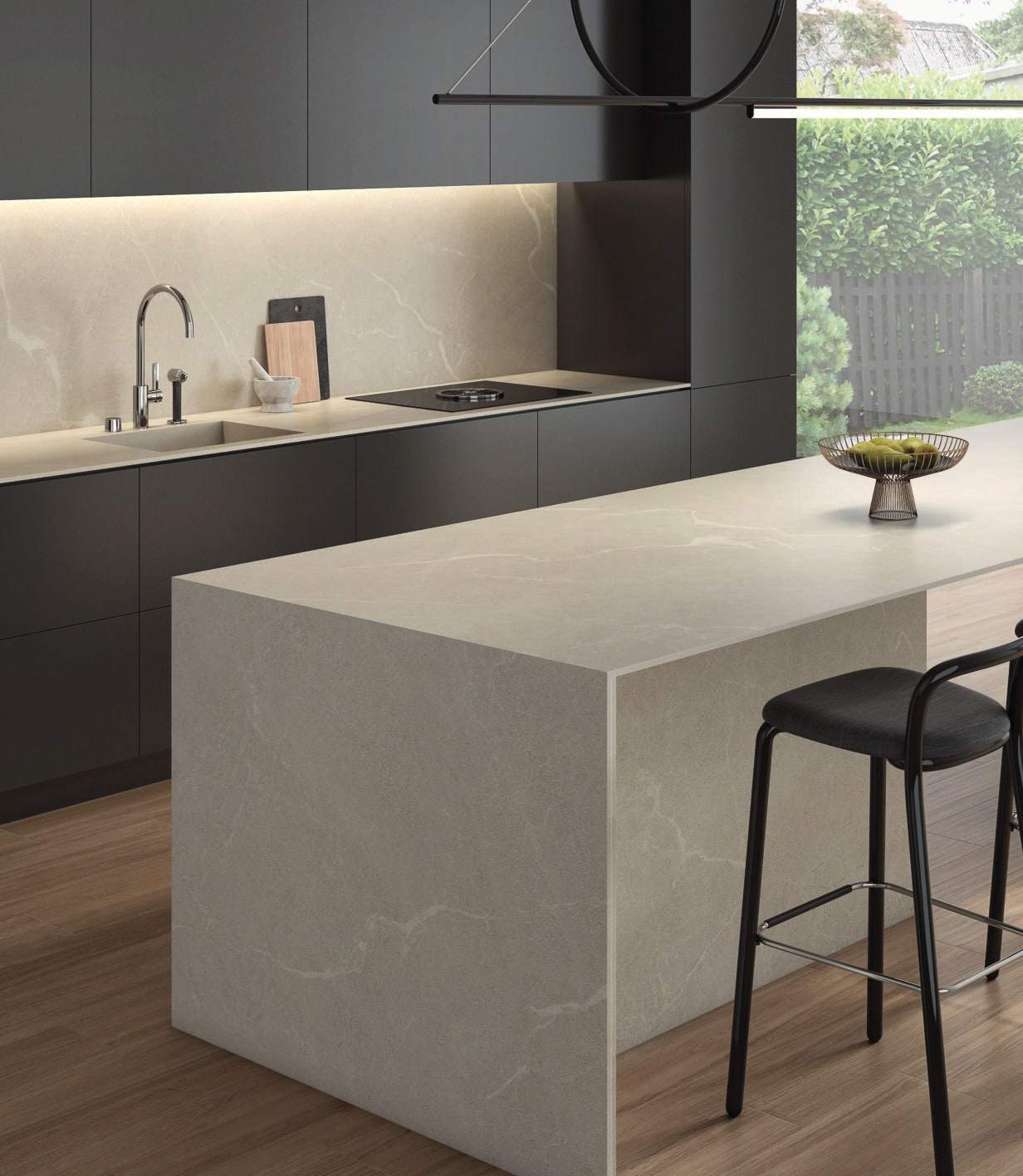 Ambiente con porcelánico Arklam Gris Levante, foto del catálogo de Arklam