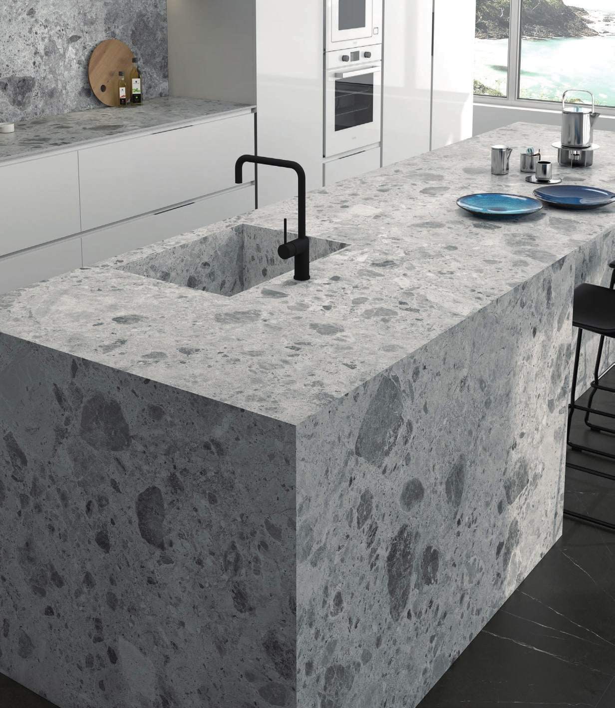 Ambiente con porcelánico Arklam Amsterdam Grey, foto del catálogo de Arklam