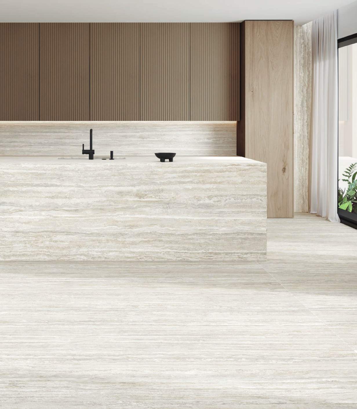 Ambiente con porcelánico Arklam Nativa White, foto del catálogo de Arklam