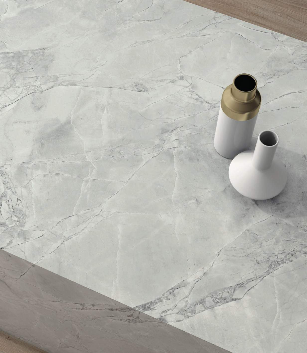 Ambiente con porcelánico Arklam Brazil Super White, foto del catálogo de Arklam