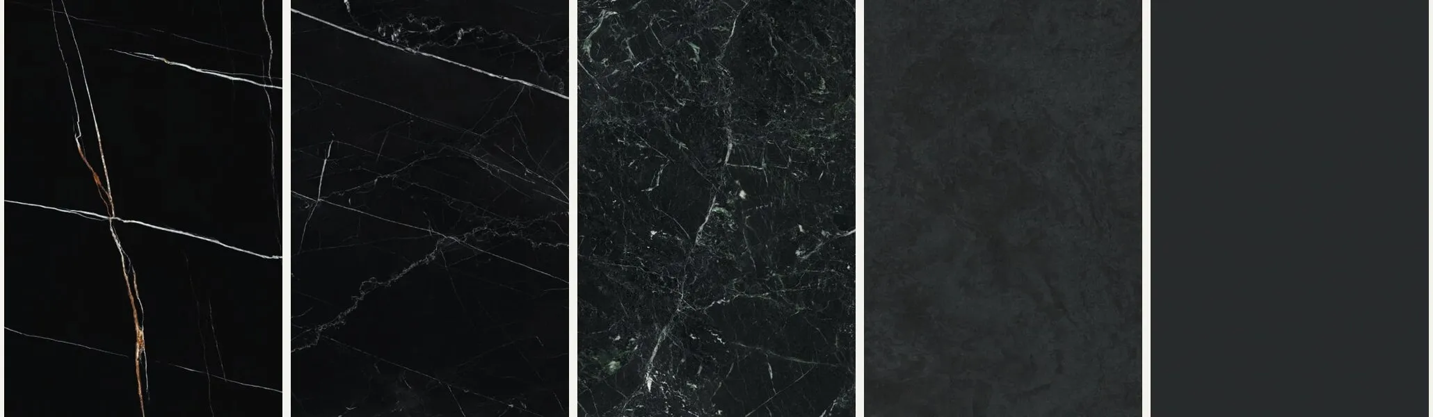 Las cinco planchas oscuras de Arklam, de izquierda a derecha: Sahara Noir, Negro Marquina, Caviar Green, Vulcano y Pure Black