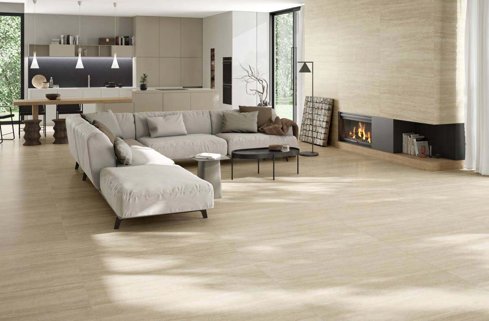 Ambiente con baldosas ITT Travertine Navona, foto del catálogo de ITT Ceramic