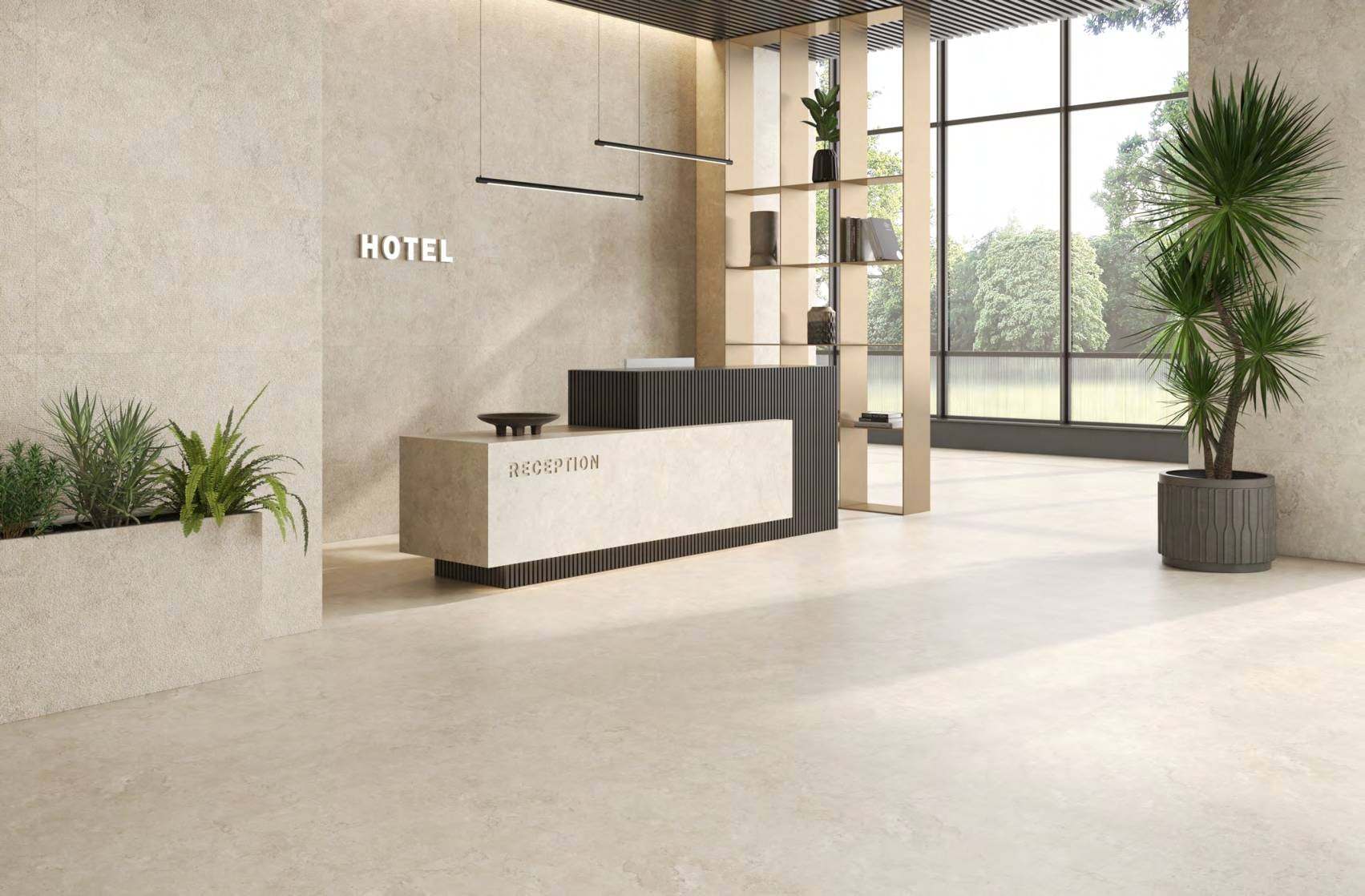 Ambiente con baldosas ITT Portland Stone, foto del catálogo de ITT Ceramic