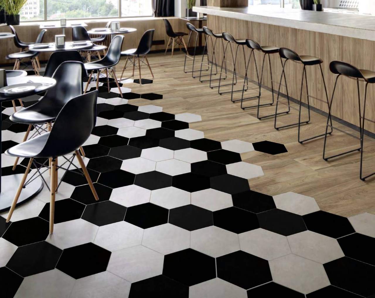 Ambiente con baldosas ITT Hexa, foto del catálogo de ITT Ceramic