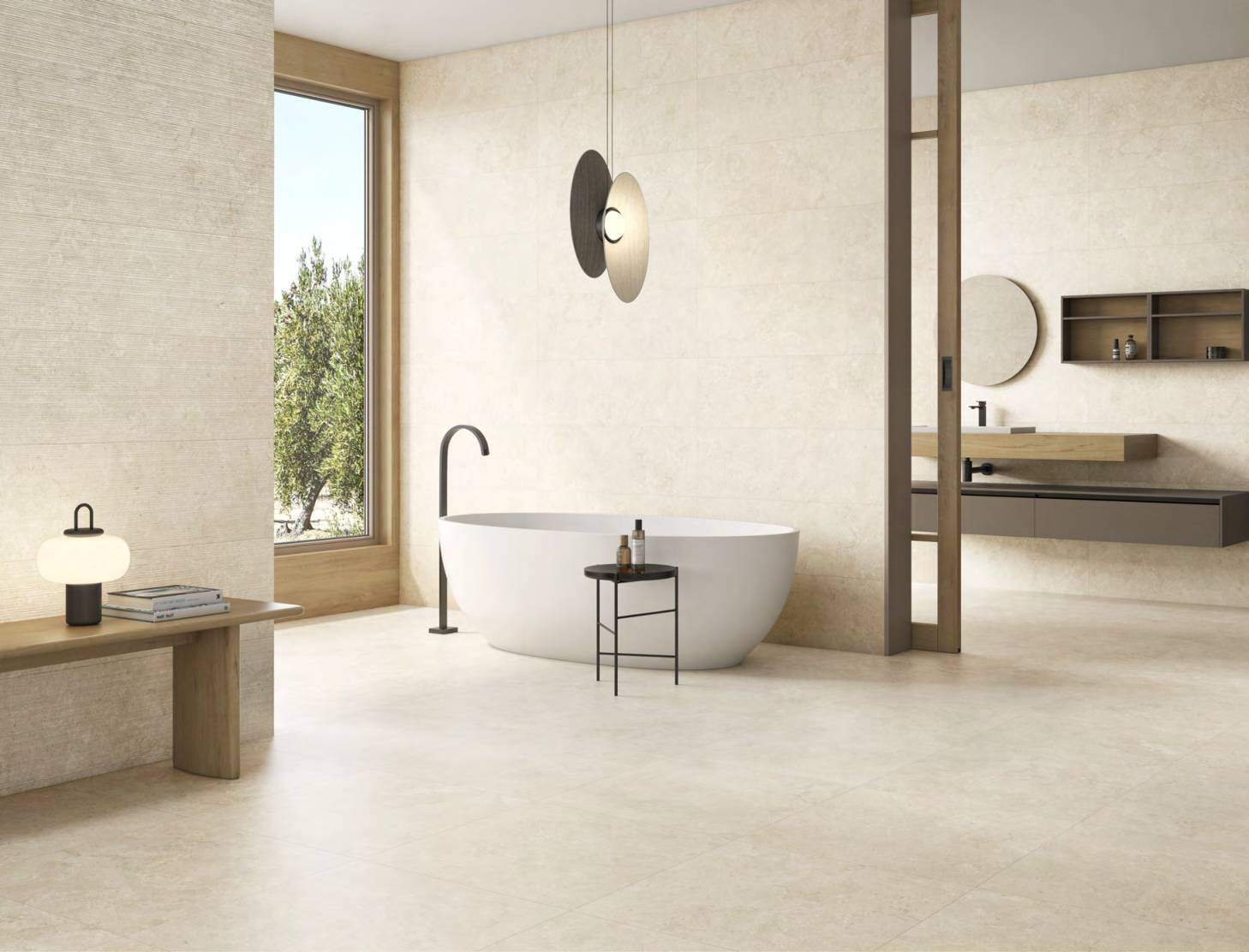Ambiente con ITT Portland Stone, foto del catálogo de ITT Ceramic