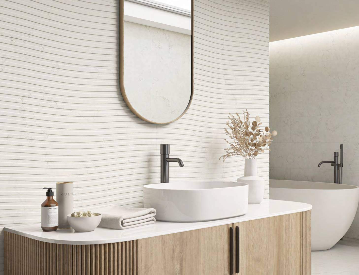 Ambiente con ITT Bianco Perlino, foto del catálogo de ITT Ceramic