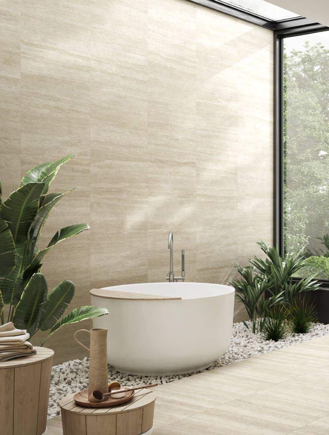 Ambiente con ITT Travertine Navona, foto del catálogo de ITT Ceramic