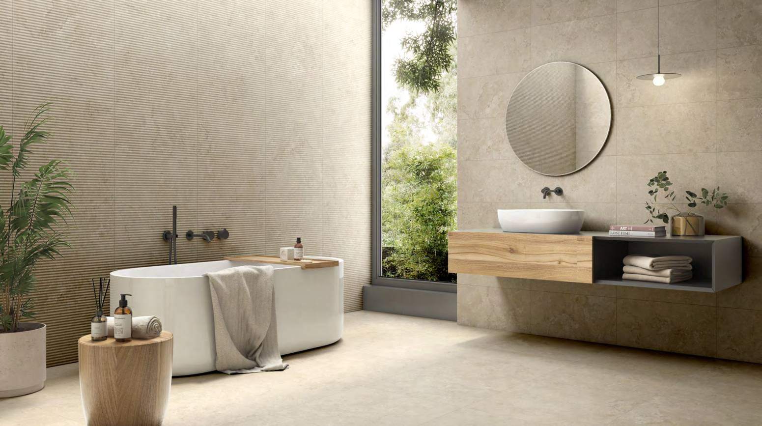Ambiente con ITT Portland Stone, foto del catálogo de ITT Ceramic