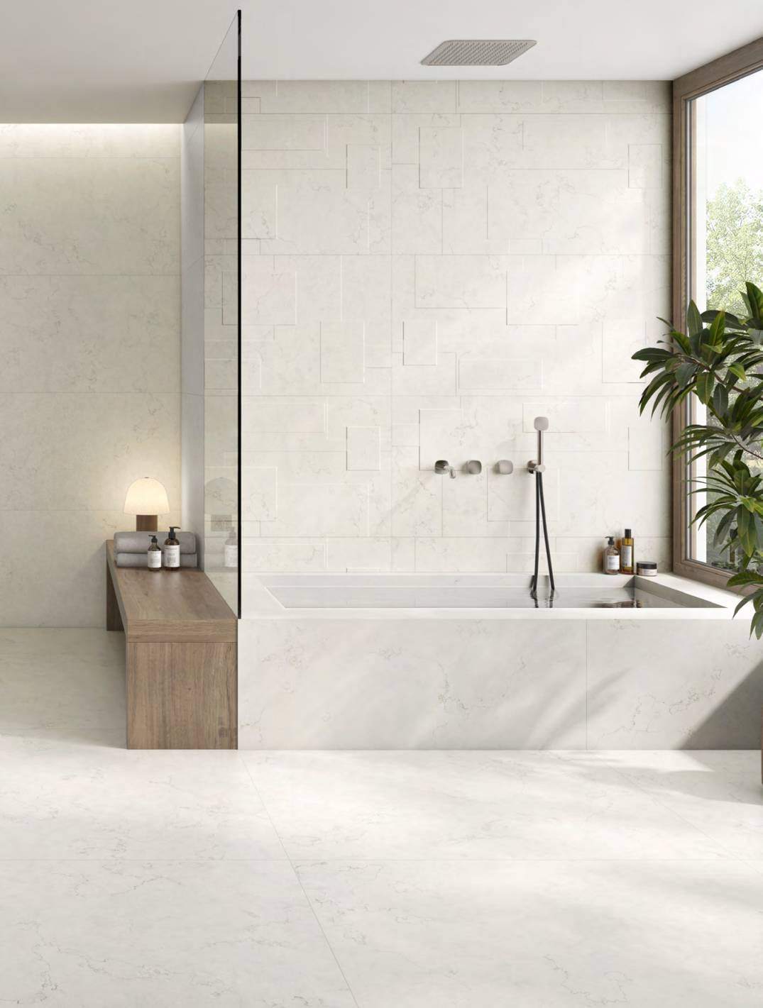 Ambiente con ITT Bianco Perlino, foto del catálogo de ITT Ceramic