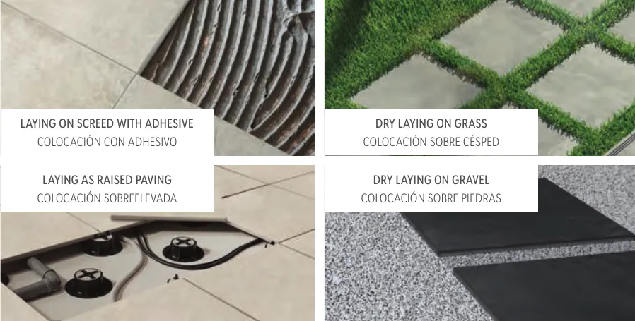 Las cuatro formas de colocación del porcelánico de 2 cm: con adhesivo, sobre césped, sobreelevada y sobre piedras