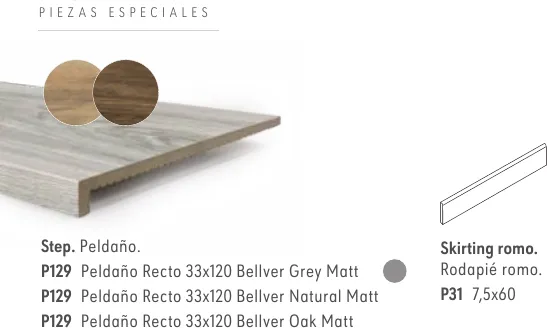 Piezas especiales de Bellver en el catálogo de ITT: peldaño recto de 33×120 y rodapié romo de 7,5×60